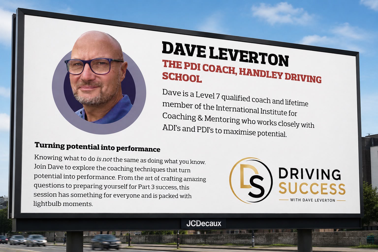 Billboard introducing Dave Leverton as a speaker on turning potential into performance