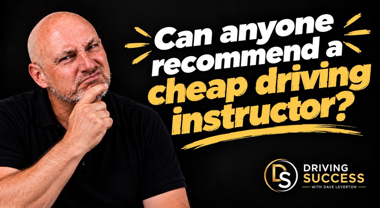 Dave Leverton looking sceptical beside the question 'Can anyone recommend a cheap driving instructor?'