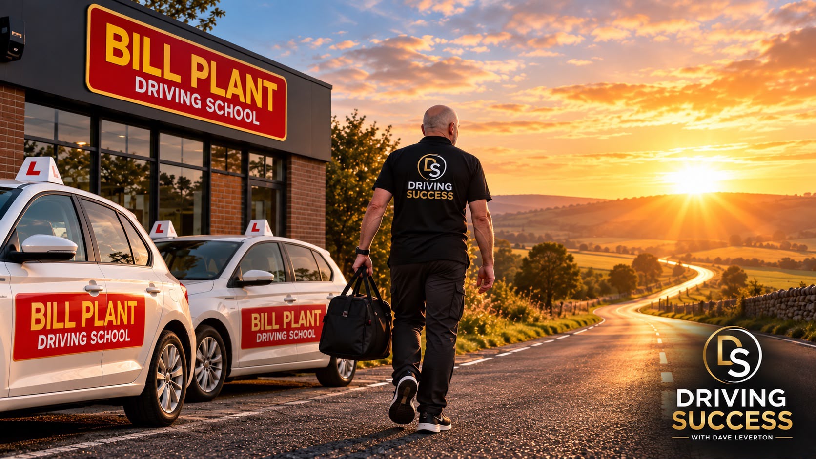 Dave Leverton walking away from a Bill Plant Driving School office along a country road towards the sunrise